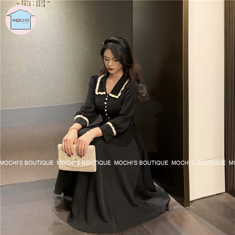 Váy đầm nữ dáng dài xòe cổ bẻ, mẫu váy đầm nữ đẹp dài tay, 2 màu đen đỏ nổi bật, chân váy dài qua gối nữ tính-M041 | BigBuy360 - bigbuy360.vn