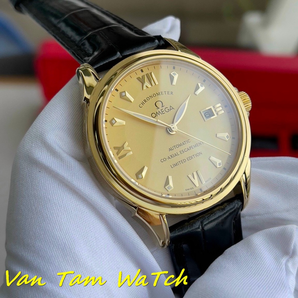 Đồng hồ nam omega co-axial chronometer 39,5mm máy Thụy Sĩ automatic, mẫu cao cấp mặt trơn trắng, viền vàng