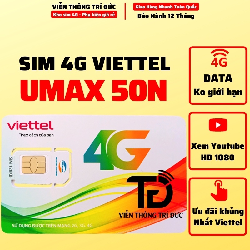 Sim 4G Viettel V120Z/V120N Data 120Gb,Gọi Miễn Phí, Sim Umax50N Không Giới Hạn Data, Phát Wifi Max băng thông, Free 12Th