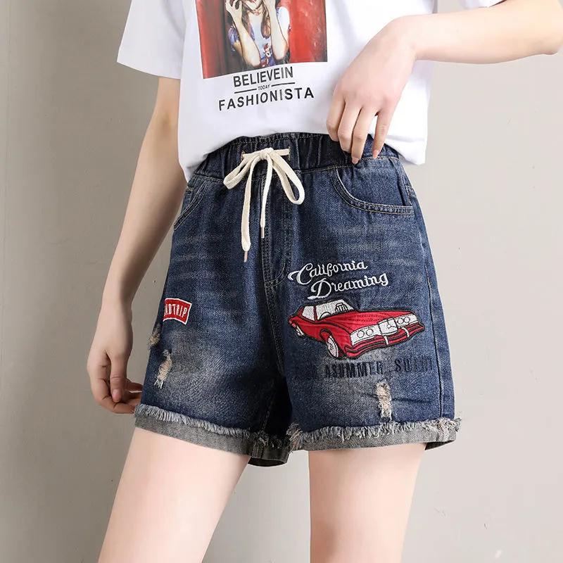 Quần short denim Lưng Cao Ống Rộng Phối Rách Thêu Họa Tiết Thời Trang Cho Nữ