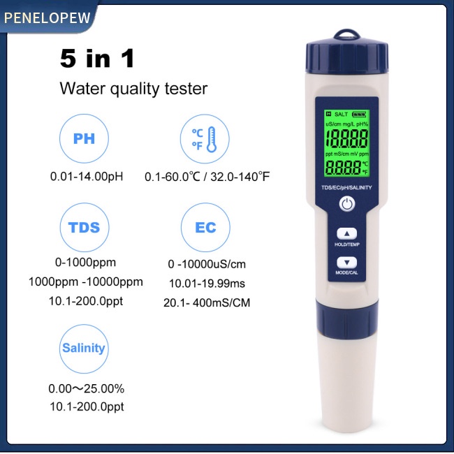 Thiết Bị Kiểm Tra Chất Lượng Nước Uống Kỹ Thuật Số 5 Trong 1 Tds/ec/ph/ph/Ham Chất Lượng Cao