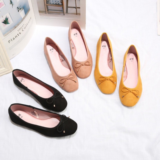 Giầy Búp Bê Nữ Giày Lười Đế Bệt Da Lộn Thắt Nơ H.M - LITTLE KOREA