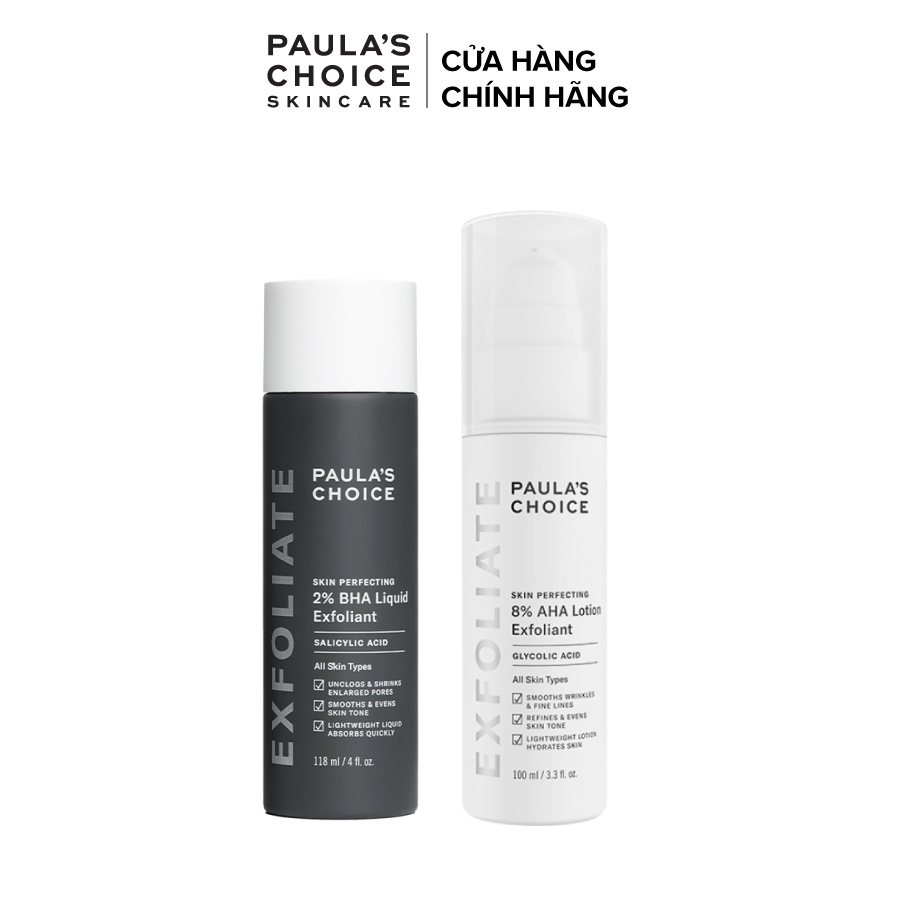 Bộ đôi tẩy da chết làm sáng da ngừa mụn Paula's Choice 8% AHA lotion + 2% BHA liquid  2010-2060