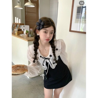 Váy mini đen phối cổ trắng đính hoa (Freesize)