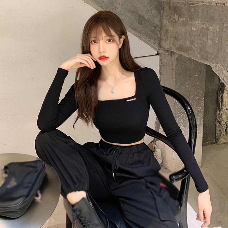 Áo Croptop Tay Dài Cổ Vuông Màu Sắc Đơn Giản Phong Cách Hàn Quốc Cho Nữ