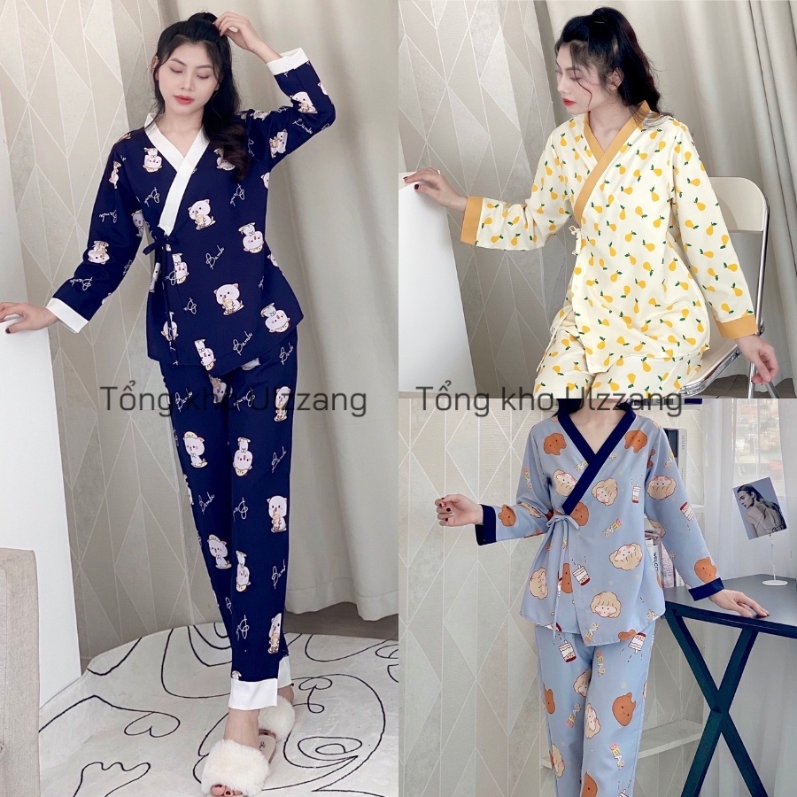 Bộ Pijama Kimono Dài Tay Phối Viền Họa Tiết Dễ Thương Chất Mềm Mịn