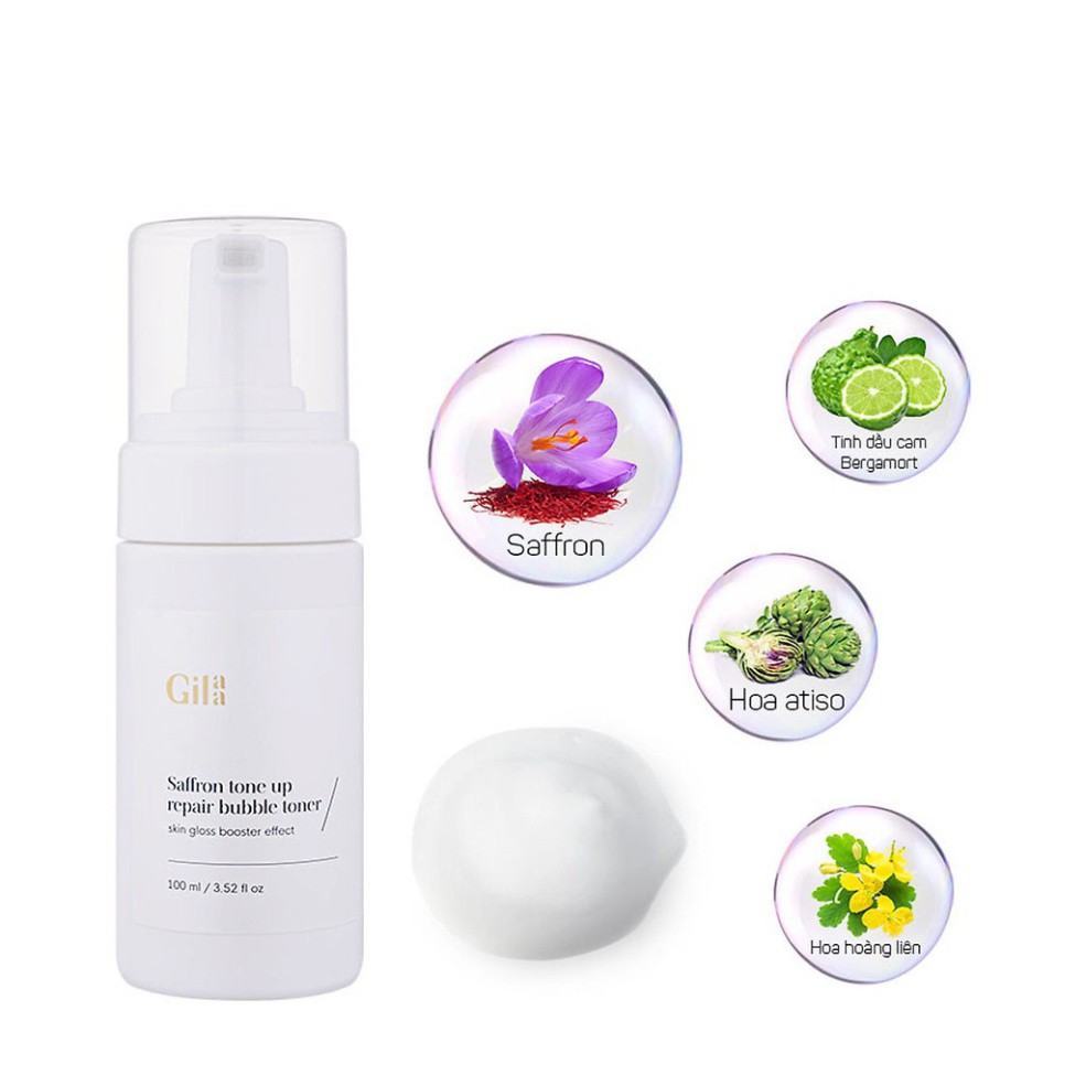 Nước hoa hồng dưỡng trắng Saffron Tone Up Repair Bubble Toner Gilaa dạng bọt - HanZy Store