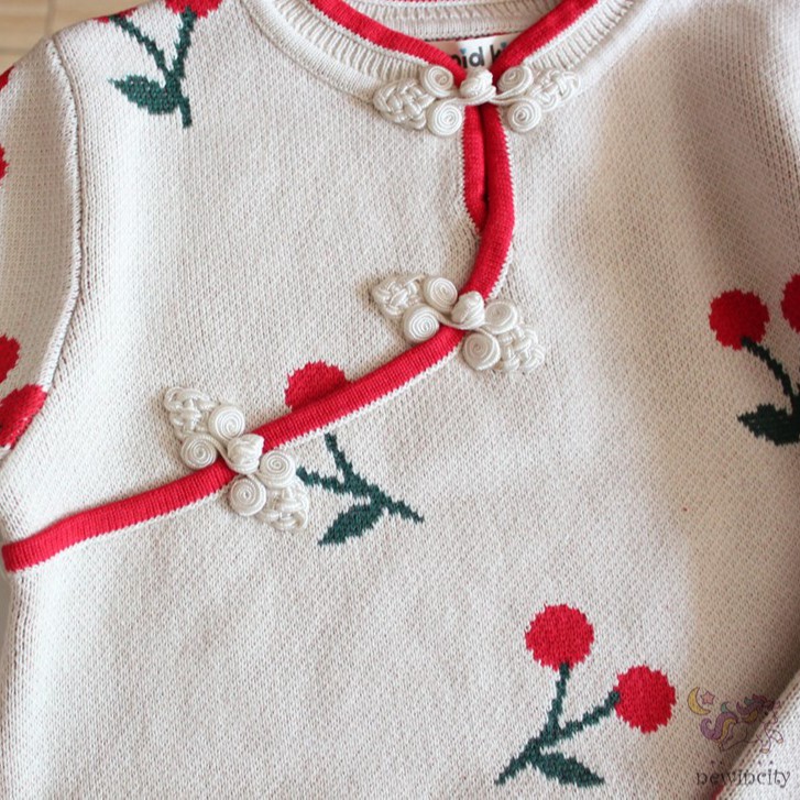 Đầm Sườn Xám Tay Dài Họa Tiết Quả Anh Đào Phong Cách Trung Hoa Dành Cho Bé Gái