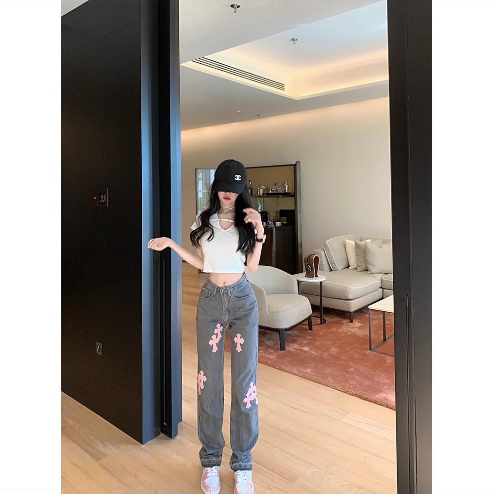 Quần jean ống thẳng dài họa tiết chữ thập màu hồng eo cao cho nữ
