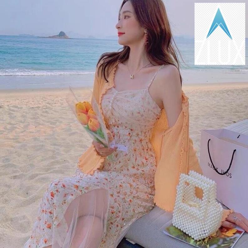 Váy Hai Dây Hoa Nhí Dáng Dài, Đầm Maxi Đi Biển Cổ V Chun Ngực Đuôi Cá Xẻ Tà Tông Màu Cam