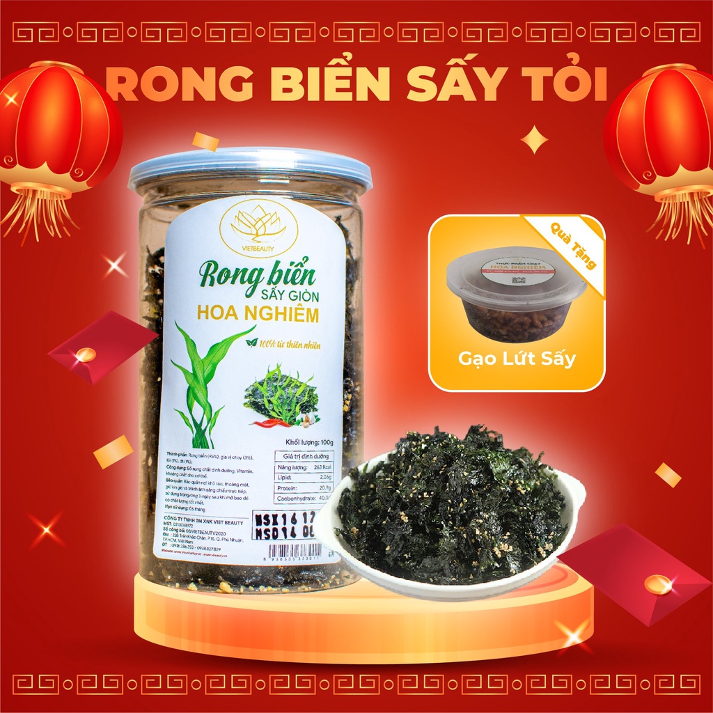 Rong biển sấy tỏi - Giòn thơm ngon ăn liền Hoa Nghiêm - Chính hãng - Hũ 100gram - HSD 6 tháng (date luôn mới)- STHP