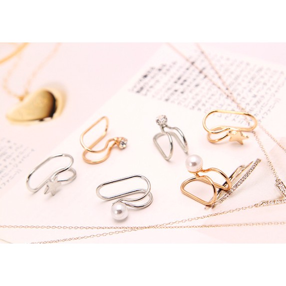 Khuyên tai nữ bông tai nữ kẹp vành cá tính hàn quốc sóng đính đá và dây dài tua rua