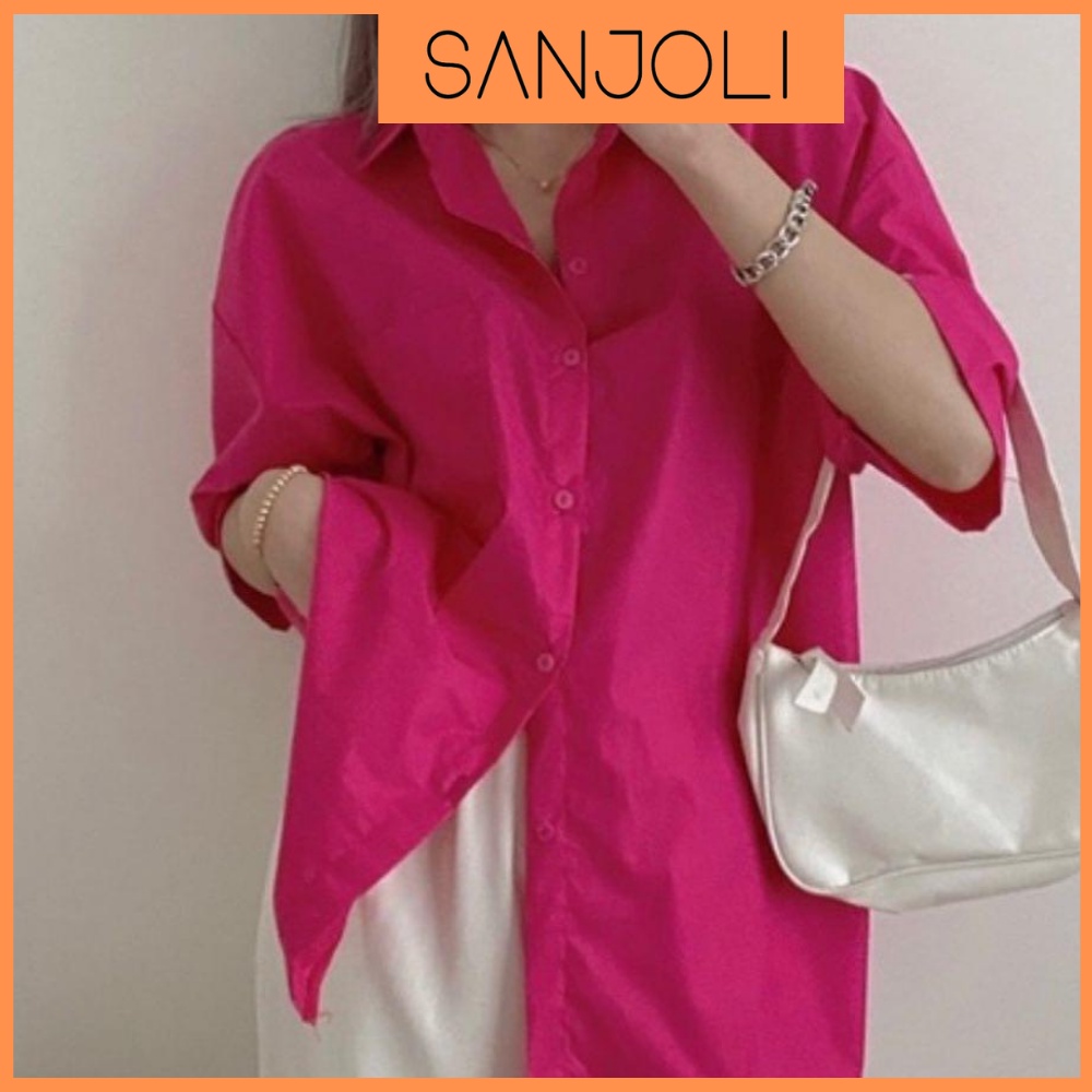 Áo Sơ Mi Form Rộng SANJOLI Áo So Mi Nữ Kiểu Oversize Tay Ngắn Thiết Kế Hàn Quốc Hot Trend AO058 | BigBuy360 - bigbuy360.vn