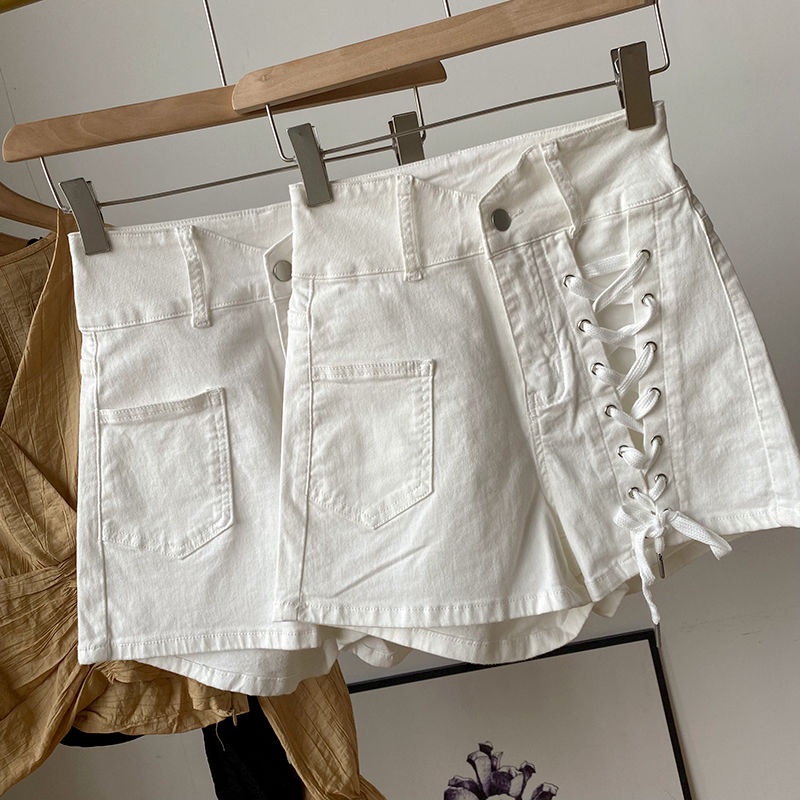 Quần Short Jean Lưng Cao Ống Rộng Có Dây Rút Theo Phong Cách Hàn Quốc Hàng Mới