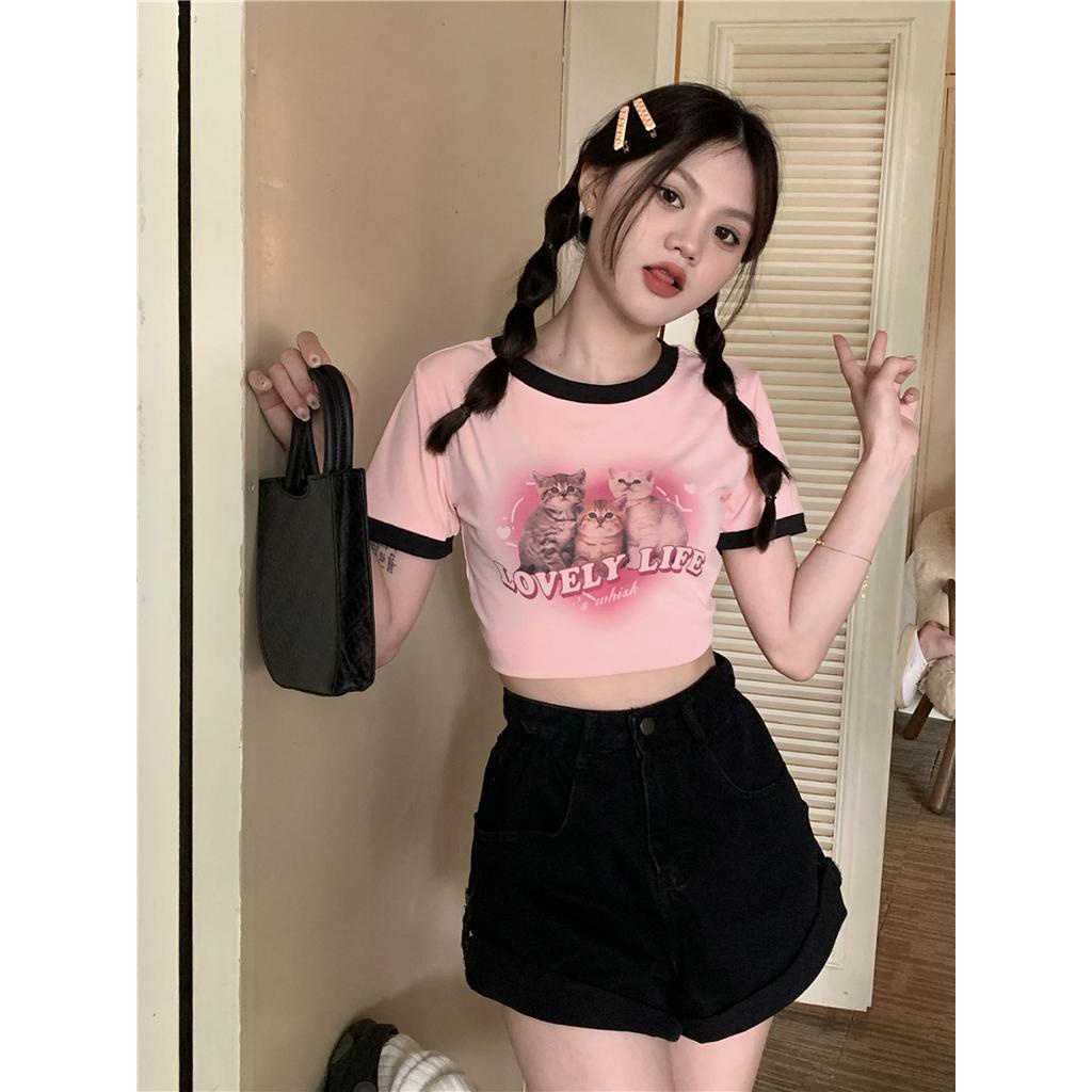 Áo Thun Mỏng Vừa Vặn Màu Sắc Tương Phản In Hình Mèo 61031