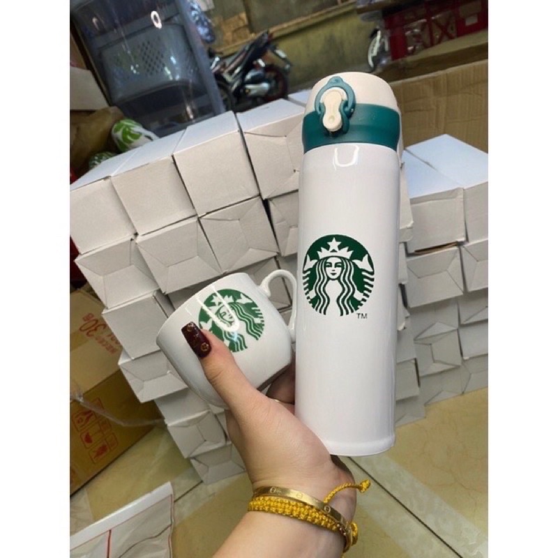 Set Bình Giữ Nhiệt Starbucks INox304 Và Cốc Sứ Kèm Thìa