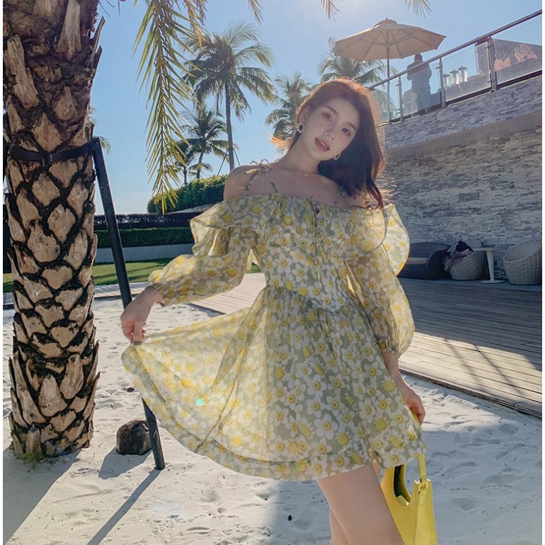 Sẵn - Đầm Hoa Nhí | Đầm Hoa Nhí Nữ Dáng Ngắn Xòe 2 Lớp Trễ Vai Sexy Thời Trang Ulzzang Hàn Quốc