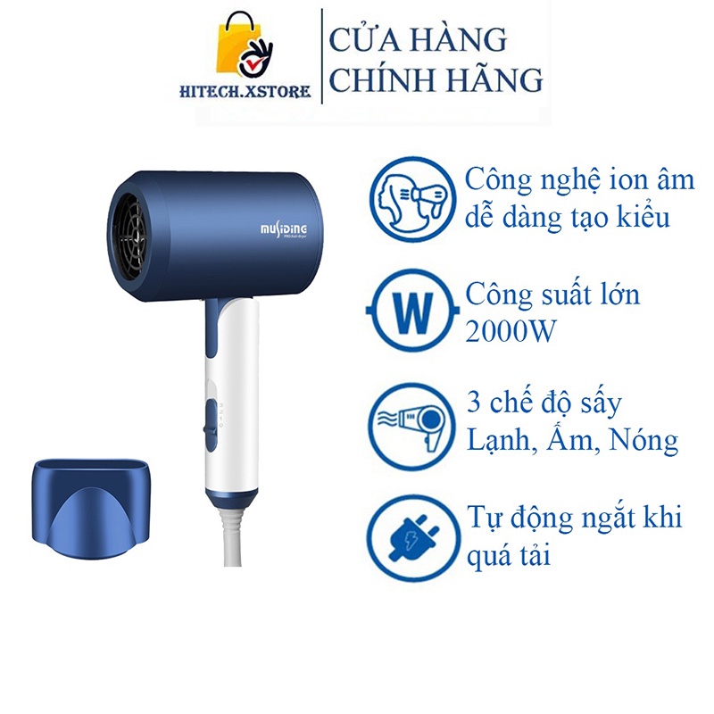 Máy sấy tóc mini chính hãng Musidine, máy sấy tóc công suất lớn 2000W, công nghệ ion âm, 2 chiều nóng lạnh bảo vệ tóc