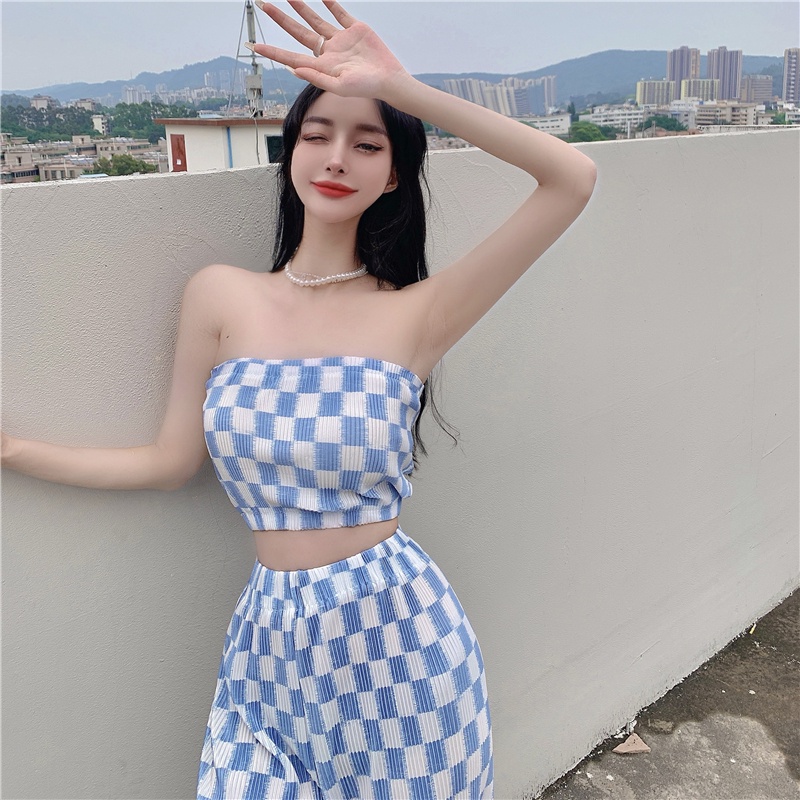 Set Áo Ống Ngắn Và Quần Dài Ống Rộng Họa Tiết Sọc Caro Phong Cách Mới