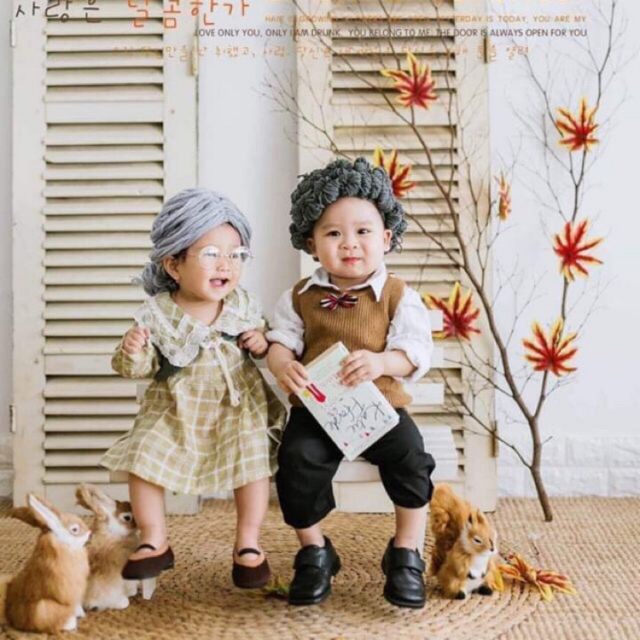 Nón len tóc giả bà già, ông già cho bé