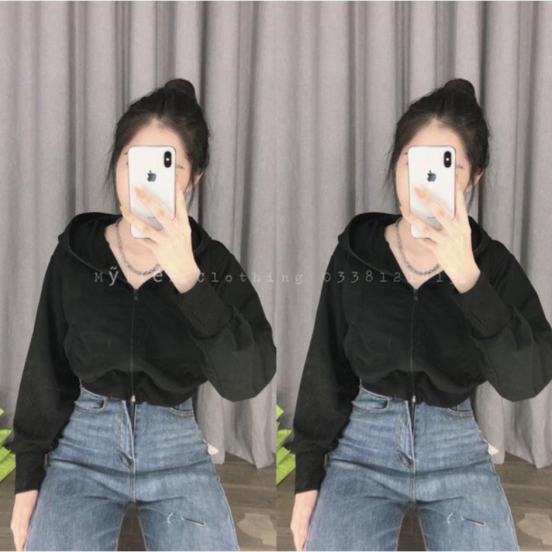 Áo khoác xỏ ngón croptop có nón