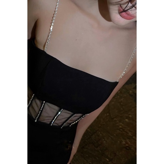 Đầm body 2 dây phối lưới eo kết đá🖤