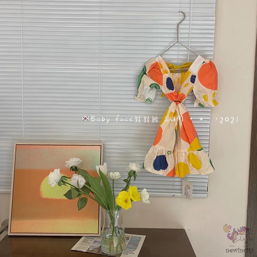 Đầm tay phồng cổ vuông in họa tiết thắt nơ phong cách Hàn Quốc thời trang dành cho bé gái