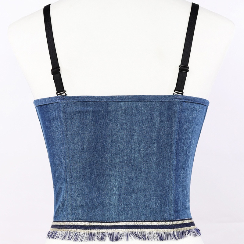 Áo Croptop Denim Hai Dây Hở Lưng Phối Tua Rua Gợi Cảm Cho Nữ
