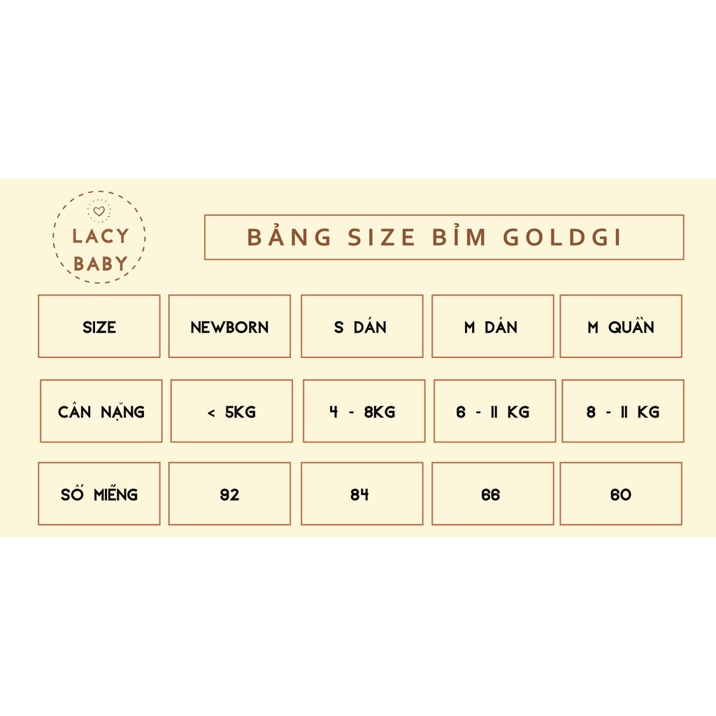 Bỉm Goldgi Nhật Bản tã dán SIZE NB92,S84,M66,L56,Mq60,Lq48,XLq44,XXLq32