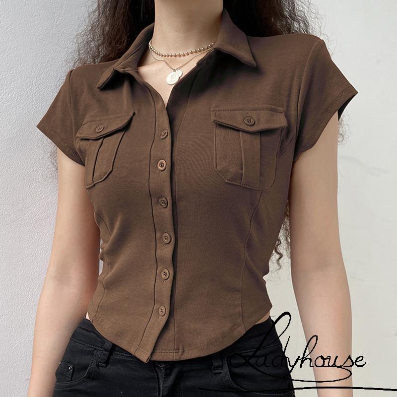 Áo Thun Ngắn Tay Ôm Dáng Màu Trơn Có Túi Dành Cho Nữ