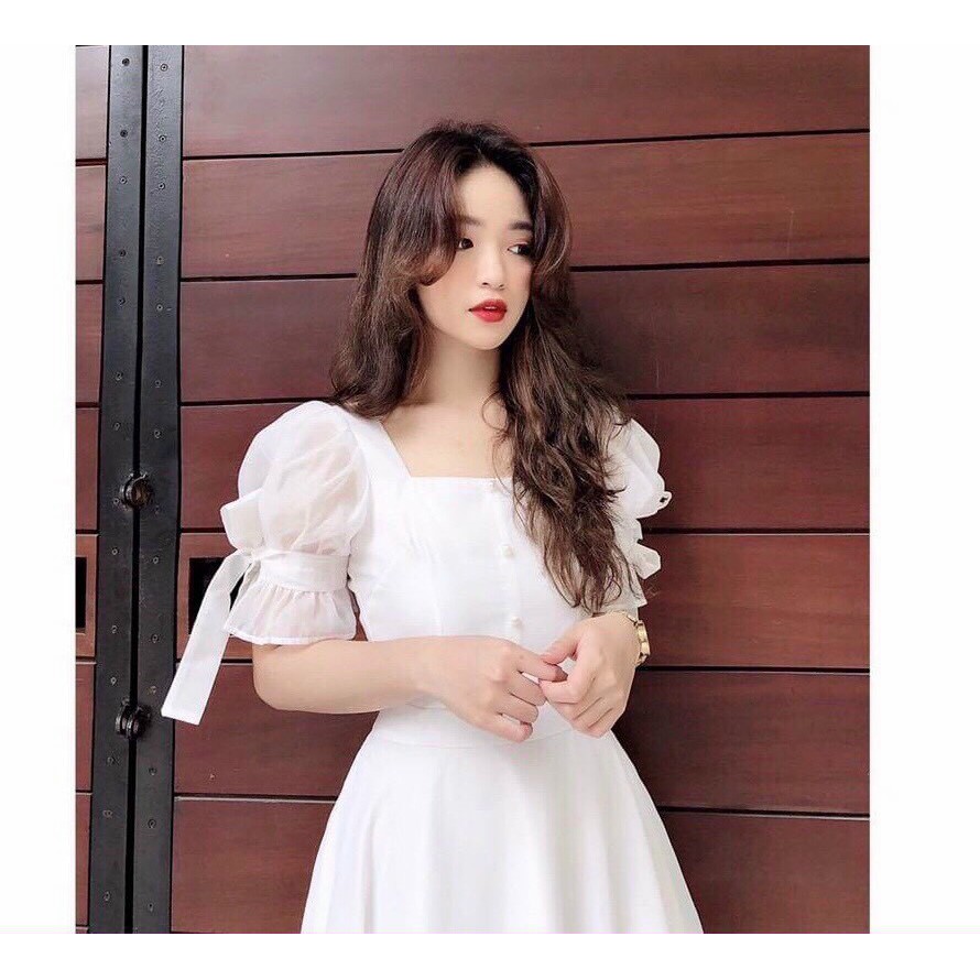 Đầm Dự Tiệc Thiết Kế Cổ Vuông Tay Nơ Xinh Lung Linh Hanaki HNK1011 | BigBuy360 - bigbuy360.vn