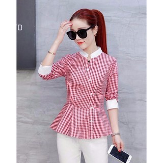 .THỜI TRANG NỮ - Áo Kiểu Sọc Caro Peplum PHỐI TRẮNG