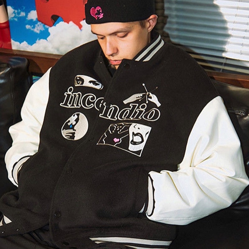 Áo bomber - Jacket Varsity tay da chất dạ INCENDIO form rộng unisex nam nữ