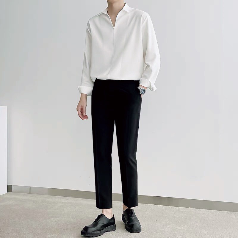 Sơ mi nam hàn quốc form rộng cổ V cao cấp áo nam unisex , lụa không nhăn cổ tàu cổ trụ dáng ôm suông rộng thời trang