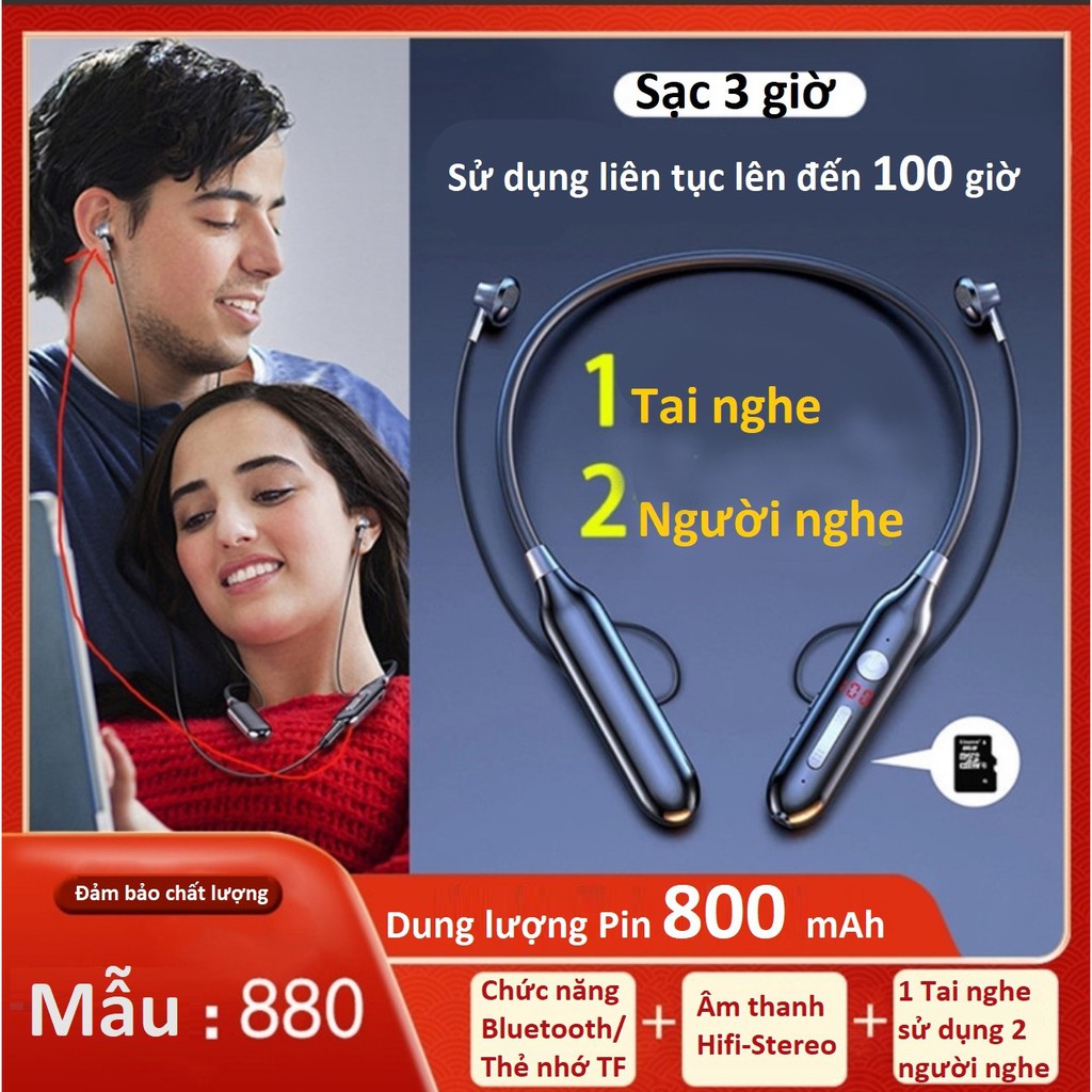 Tai Nghe Bluetooth thể thao S880 chip 5.0 Pin khủng 800mAh, Nghe Nhạc 100h ,hỗ trợ LED báo % pin, hỗ trợ khe lắp thẻ nhớ