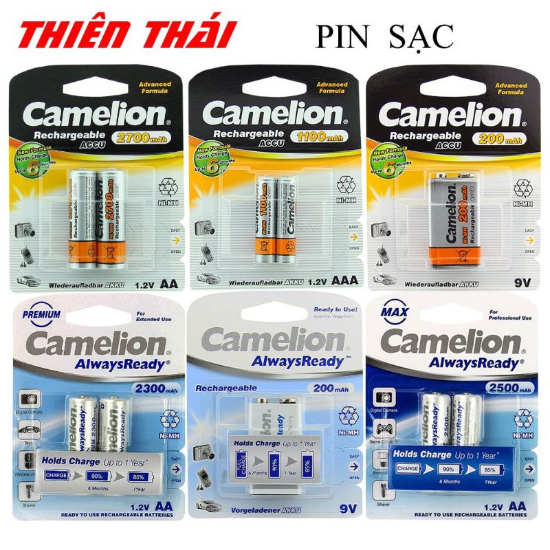Pin sạc AA/AAA/9V Camelion 2700,2500,2300,1100,900,200 mAh 1.2V/9V