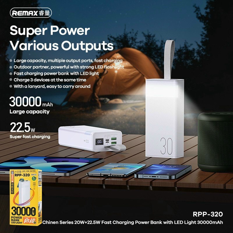 Pin sạc dự phòng dung lượng cao kèm cáp sạc hỗ trợ sạc nhanh 22.5W Remax RPP-199 30000mah/RPP-320 30