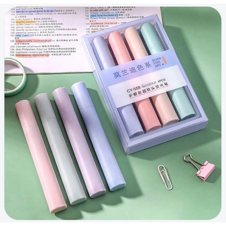 Set 4 bút dạ quang, bút hightlight, bút đánh dấu dáng trụ tròn nhỡ tông pastel MIM STORE S4BNTRU