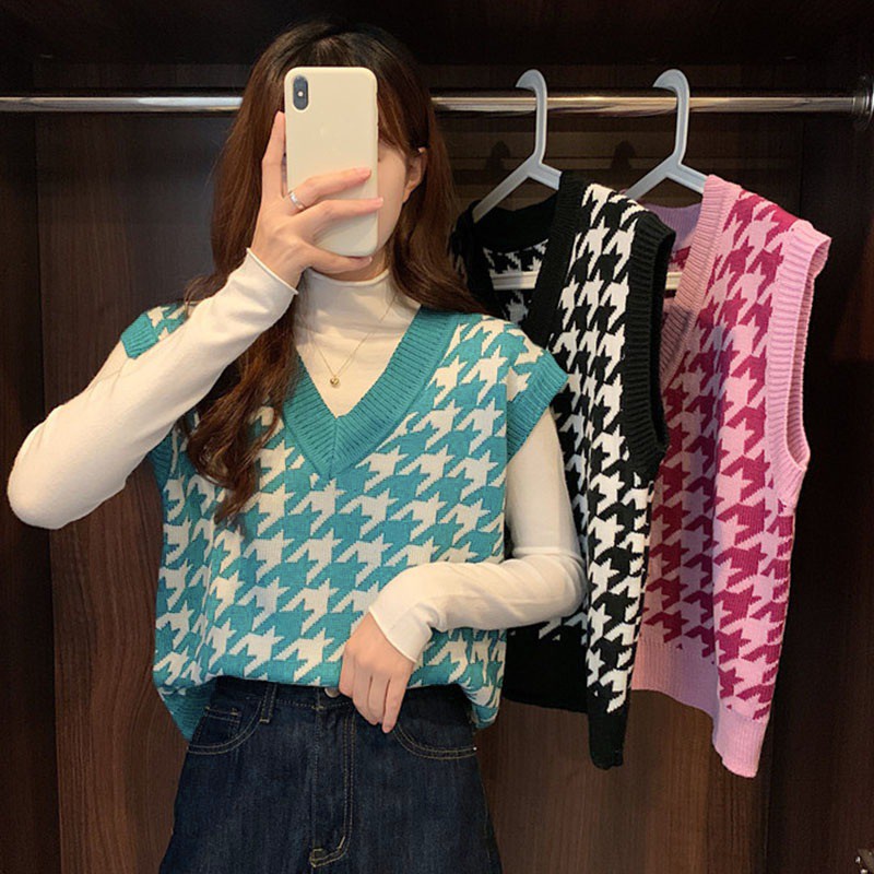 Áo sweater dệt kim không tay thiết kế xinh xắn phong cách Hàn