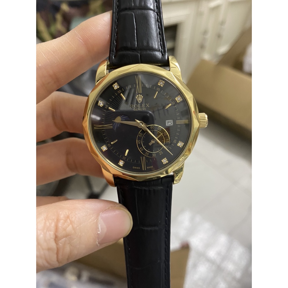 Đồng hồ Nam Rolex trăng sao cơ automatic mặt đen vỏ vàng gold dây da - dây kim loại size 40mm