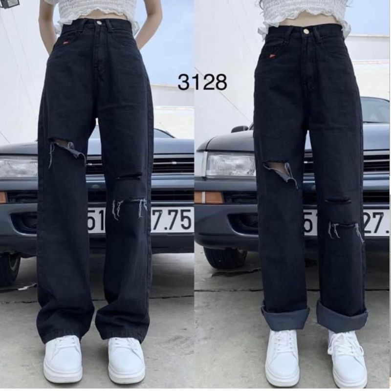 Quần jean nữ 💚quần jean ống rộng ,mầu đen rách gối cực cá tính ,phong cách ulzzang hàn quốc hot MAGIDO