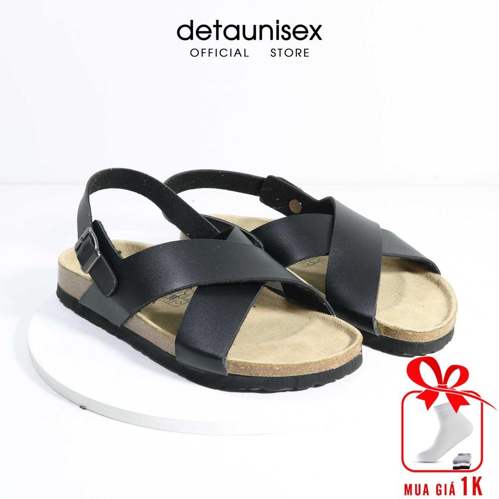 GIÀY SANDAL NAM NỮ QUAI CHÉO ĐẾ TRẤU BIRKEN DA PU ĐEN - SATA23D