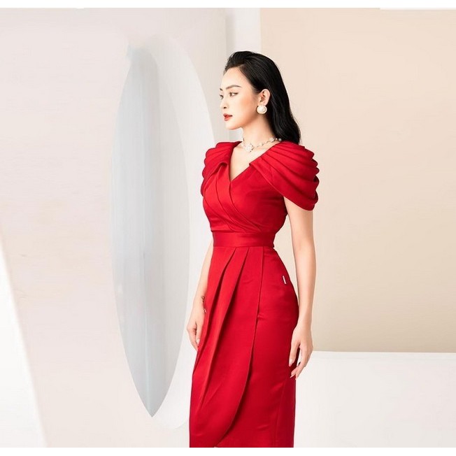 Đầm thiết kế Lụa Linen tay ngắn phồng xếp ly tà chéo (Có nhiều size)