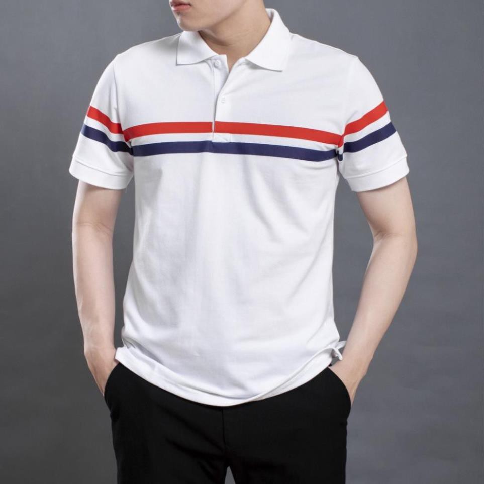 Áo thun nam phối kẻ đỏ có cổ LADOS- 9023