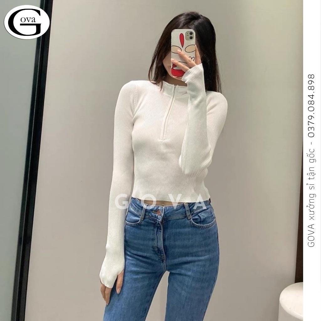 Áo Croptop cổ cao dây kéo Hot Chất Thun Ôm Mềm Mát, Áo tay dài ôm body hot trend sexy Gova