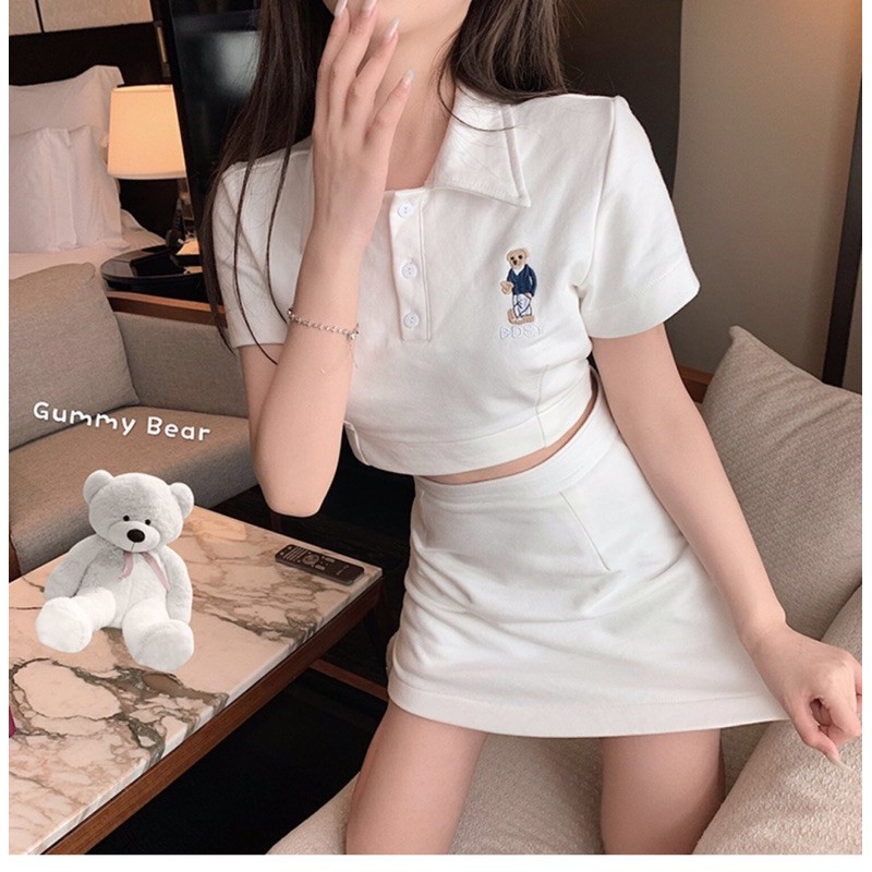 Set váy áo polo thêu gấu. Kèm ảnh thật feedback xinh hơn mẫu 🌹