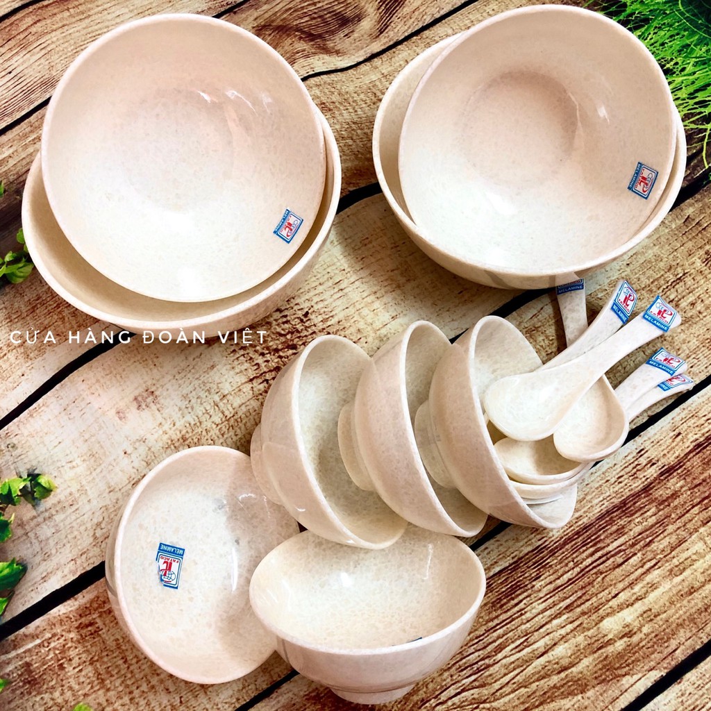 Tô, Chén Melamine - Combo Tô, Chén, Muỗng Melamine Vân Đá Cao Cấp