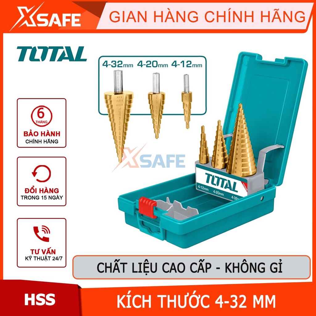 Bộ mũi khoan chóp nón HSS 3 chi tiết TOTAL TACSD2031 4-32mm mũi khoan tháp chất liệu HSS tốc độ cao, mũi khoan bậc thang