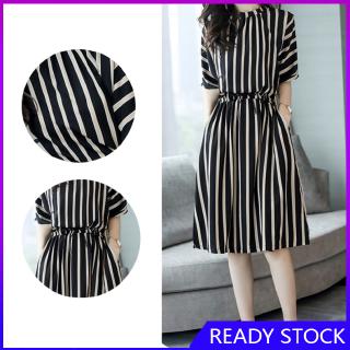 FL【COD Ready】Đầm nữ kẻ sọc lưng thun thời trang