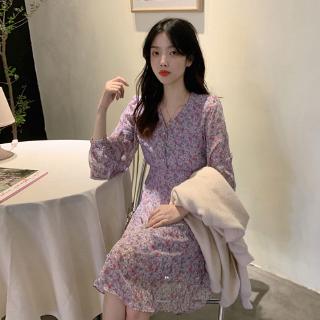 Đầm Hoa Tím Tay Dài Thời Trang Hàn Quốc